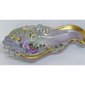 Vintage Trinket Dish Gold Rimmed Candy Flowers Scalloped Edged Asymmetrical